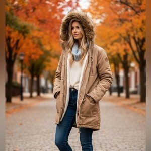 Kismet Tan Khaki Utility Parka Faux Fur Sherpa Lined Hooded Anorak Jacket